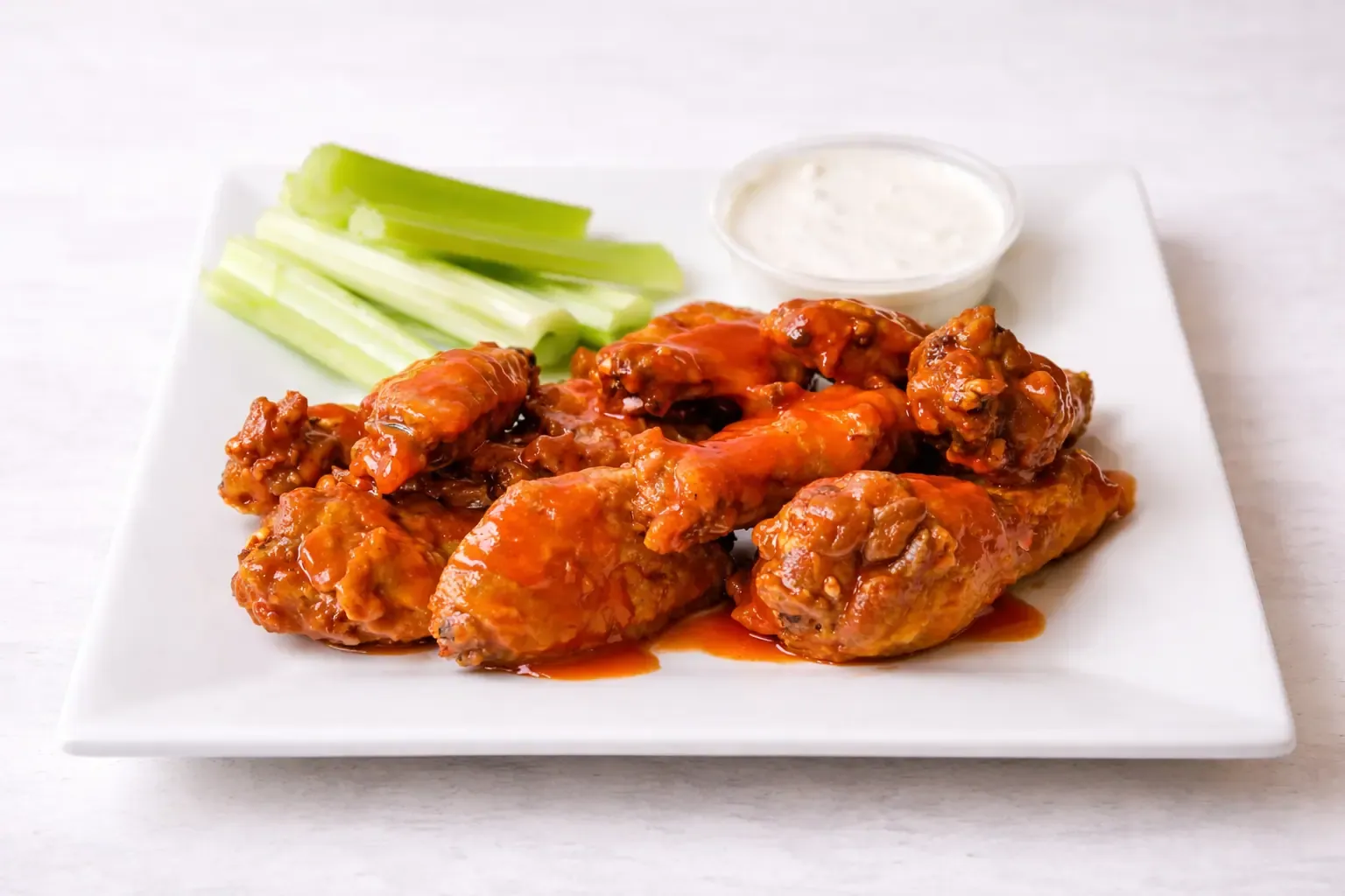 Breaded buffalo wings tossed in buffalo sauce