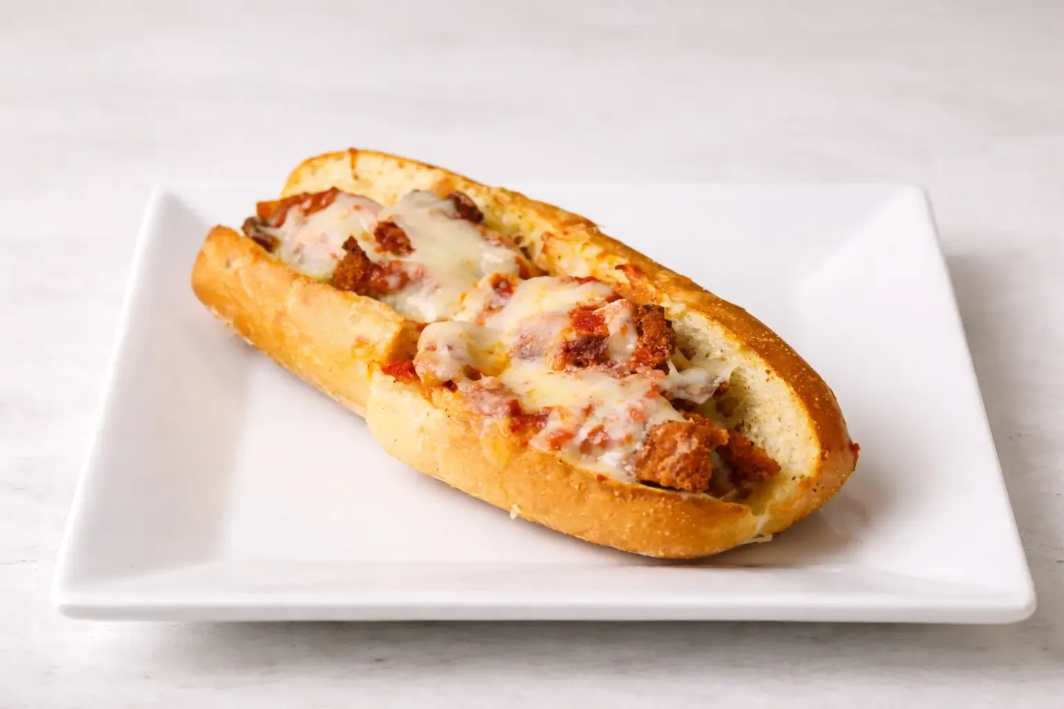 Meatball parmigiana sandwich with red sauce and melted mozzarella